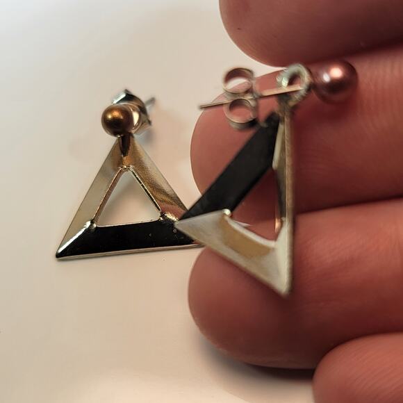 Geometric Silver Triangle Earrings with Pink and Gold Pearls, Modern Minimalist - Picture 7 of 10